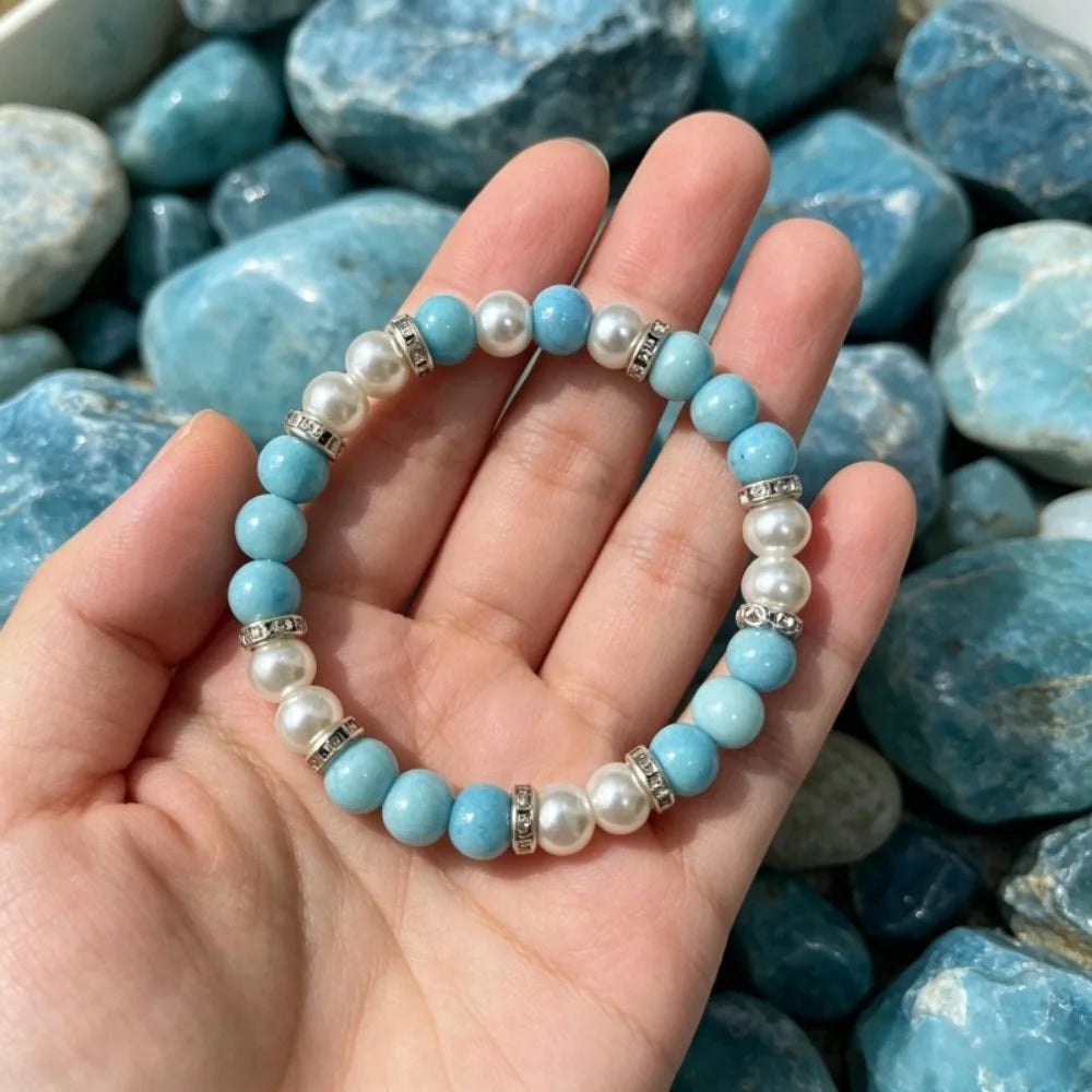 1pc Fresh Turquoise & White Pearl Color Block Beaded Bracelet, Simple Marble Texture Handcrafted Design, Bohemian Style, Attracts Wealth & Prosperity, Promotes Career Growth, Suitable for Daily Wear, Unisex, Perfect Gift for