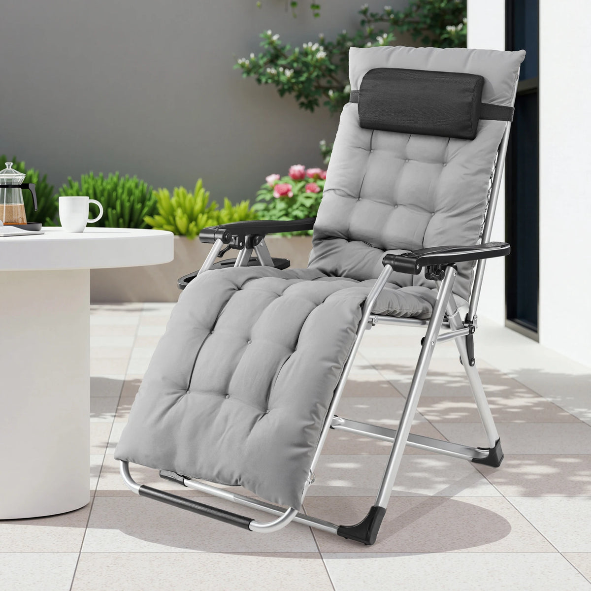 Zero Gravity Recliner Camping Patio Lounge Chair Folding Portable with Cup Holder Trays Removable Cushion For Outdoor Garden