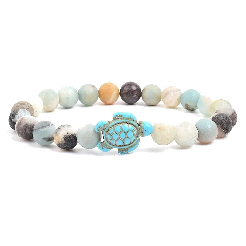 Women Men Unisex 8mm Turquoise Natural Stone Stretch Bracelet Sea Turtle Charm Beaded Friendship Summer Beach Wrist Jewelry
