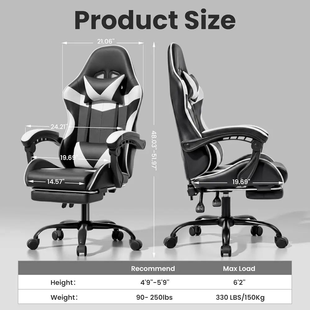 Ergonomic Gaming Chair with Footrest, Lumbar Support, Adjustable Height, 360° Swivel for Comfortable Office Use - Black & White