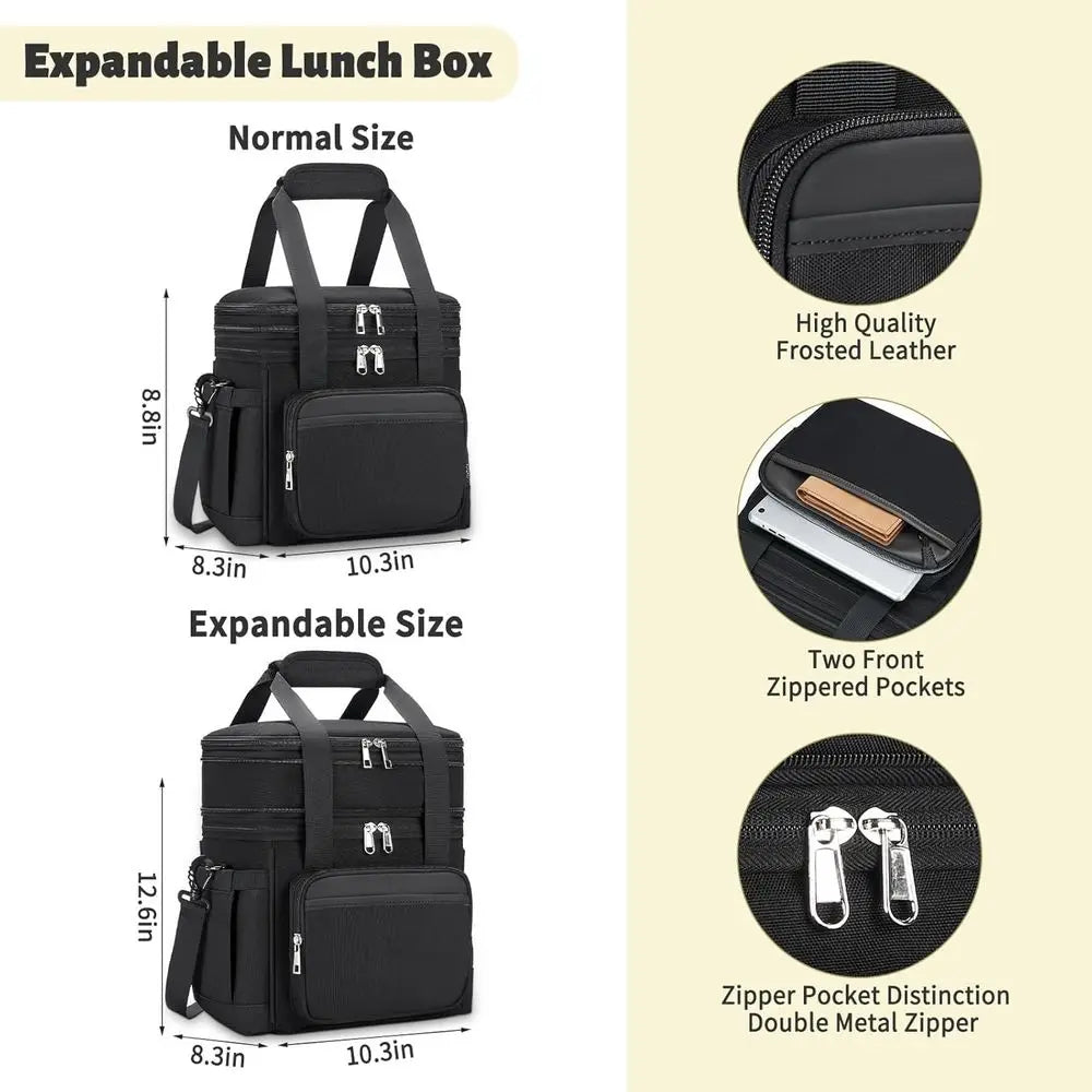 Double Decker Insulated Lunch Tote - Reusable, Expandable Cooler Bag for Men & Women, Suitable for Work, Picnics, and Outdoors (
