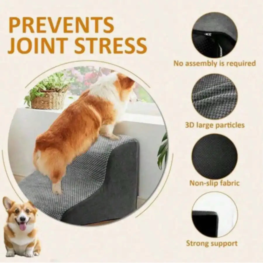 1pc 2-Tier Pet Stair, Grey Knit Fabric Dog Ramp With High-Support Foam & Non-Slip Base, Space-Saving Pet Steps For Small Dogs &