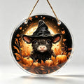 Highland Cow Witch Hat Pumpkin Halloween Round Acrylic Hanging Sign Fall Front Door Decor