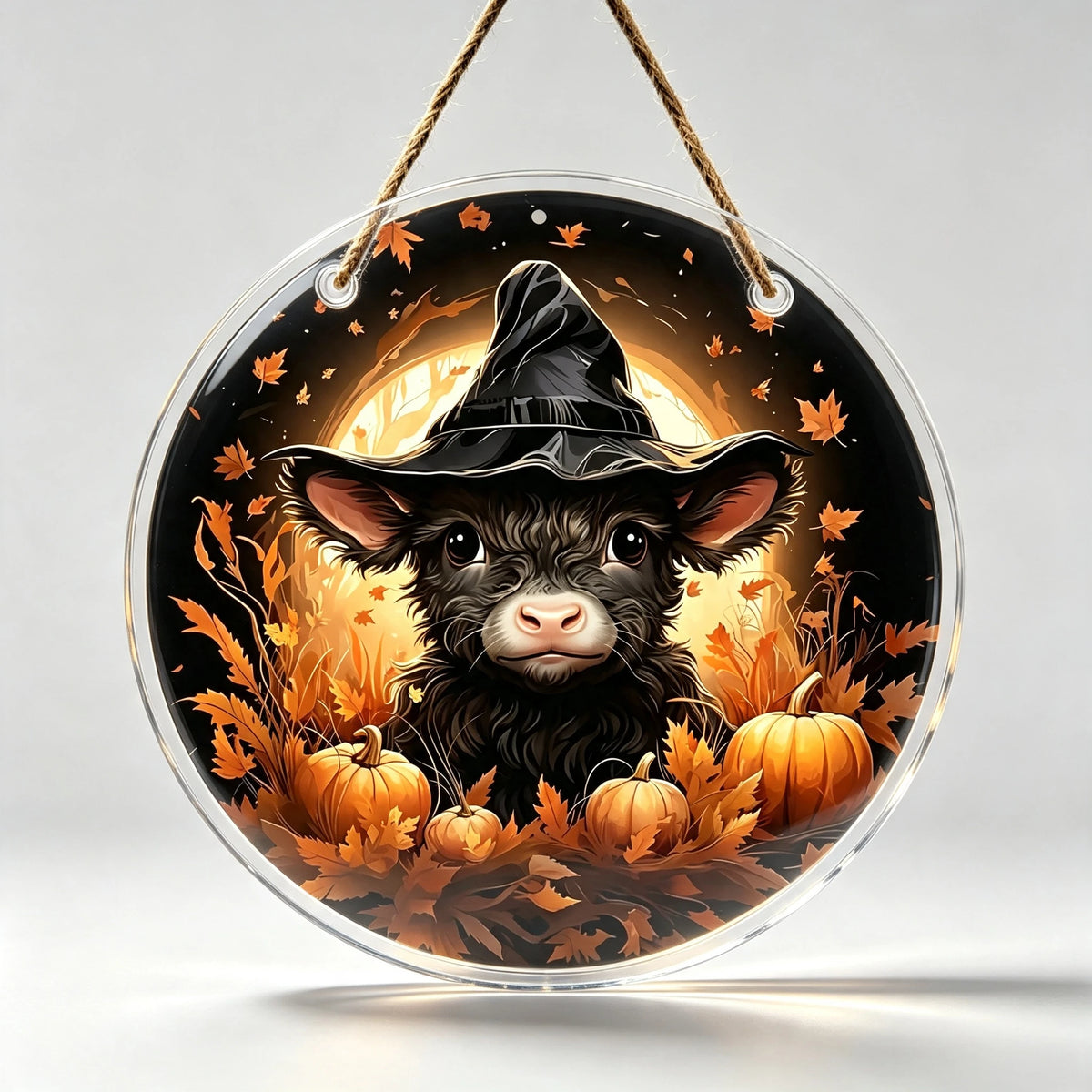 Highland Cow Witch Hat Pumpkin Halloween Round Acrylic Hanging Sign Fall Front Door Decor