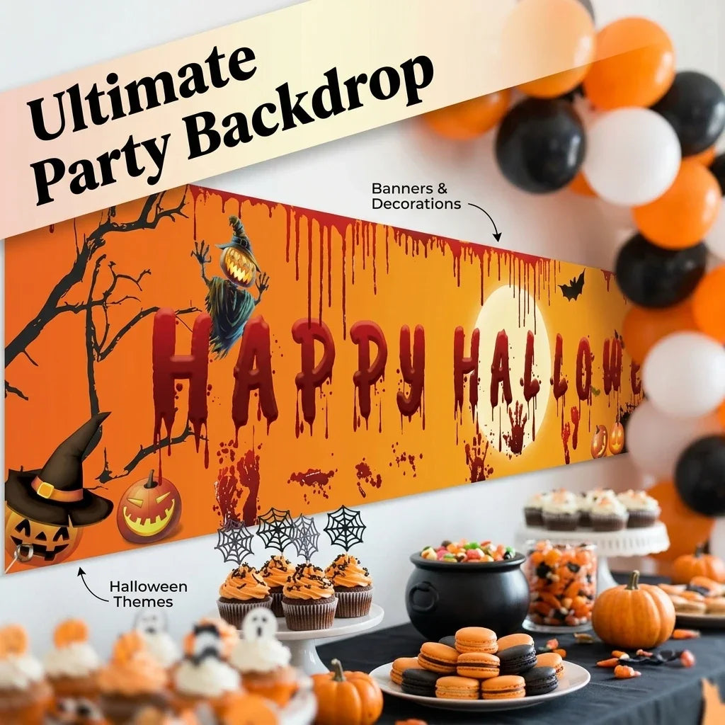 Halloween Banner Backdrop Large Happy Halloween Sign for Outdoor Yard Decorations Spooky Bloody Photography Background for Party Supplies Haunted House Garden Wall Decor Photo Booth Prop