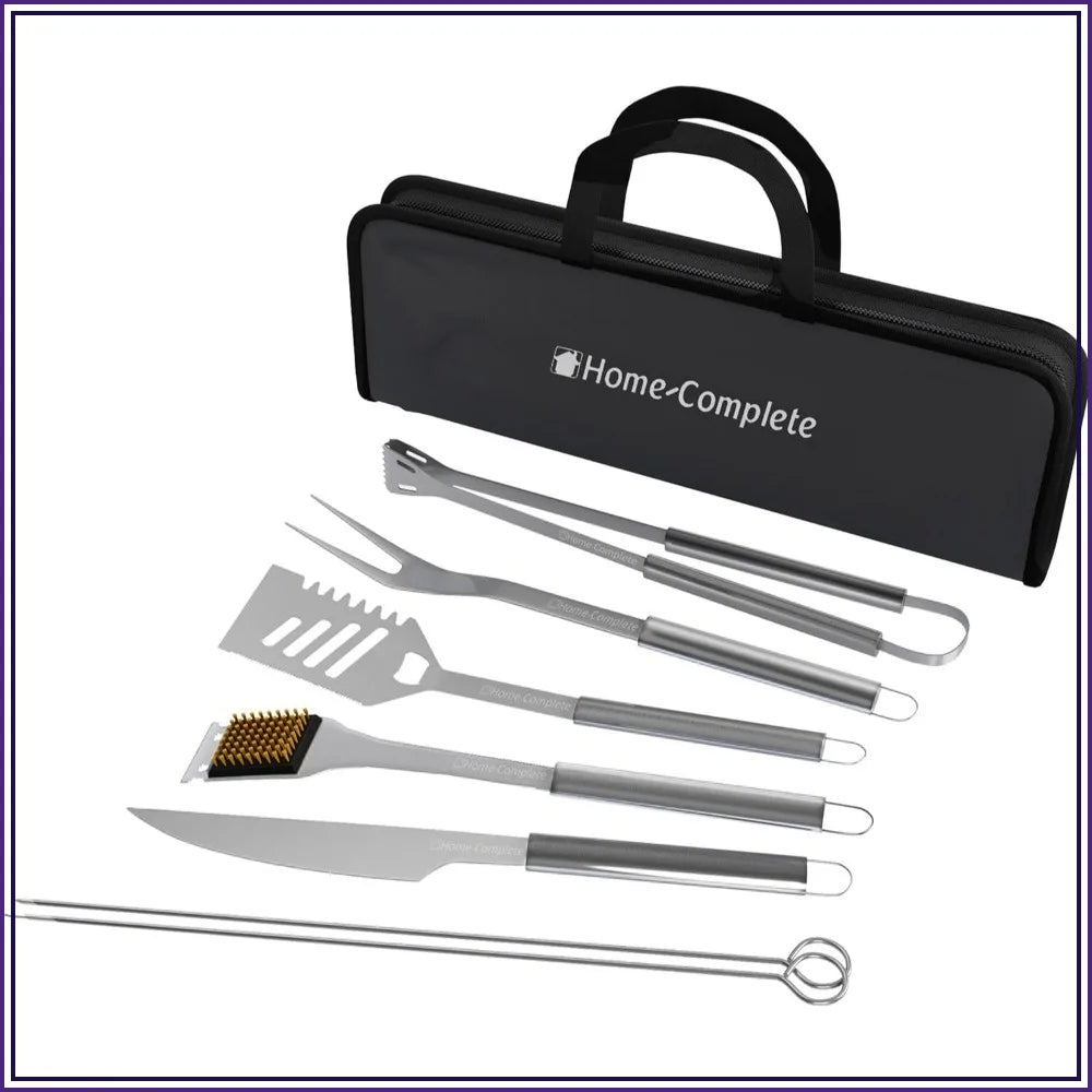7-Piece BBQ Grill Tool Kit - Stainless Steel Set with Spatula, Tongs, Fork, Knife, Brush, Skewers & Case