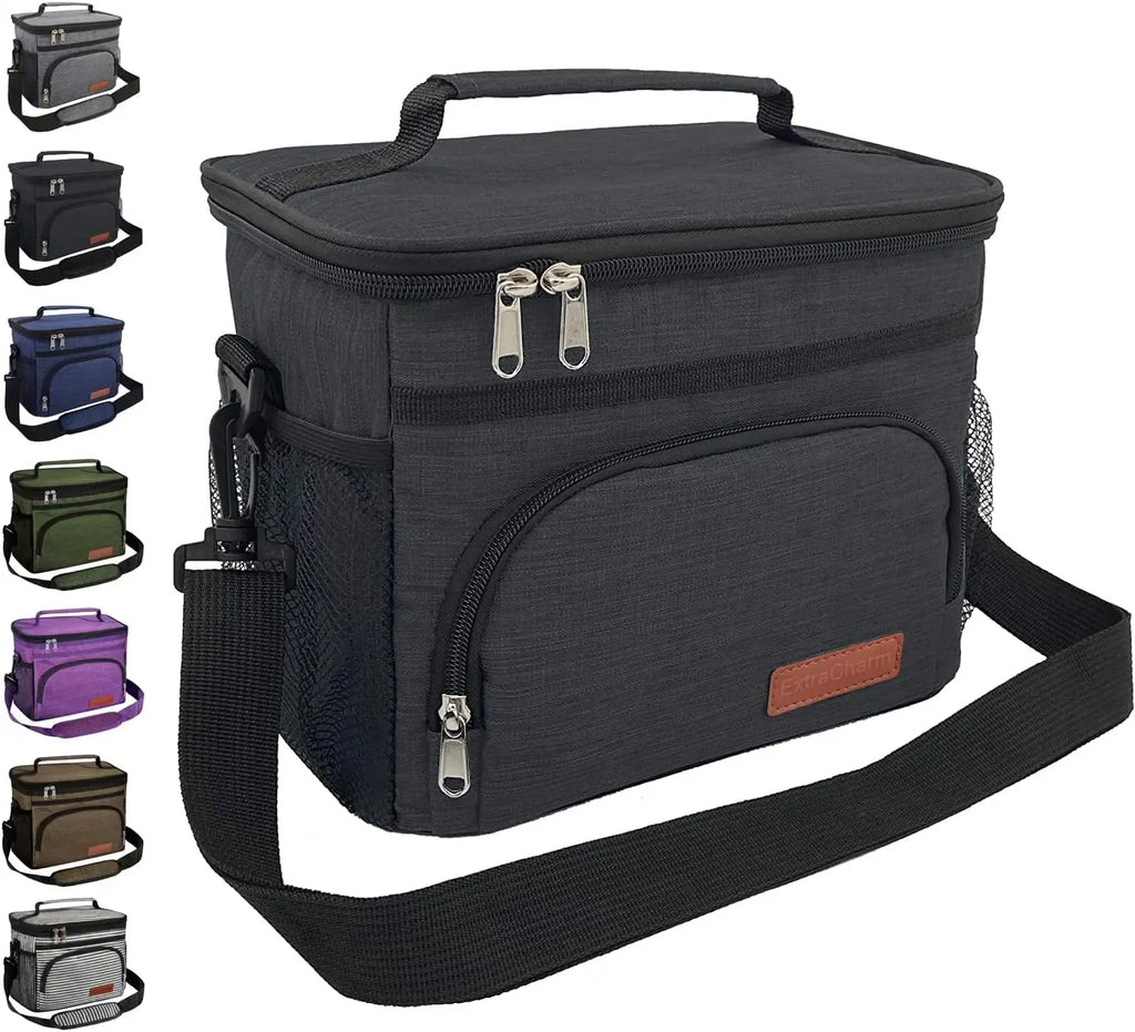 ExtraCharm Insulated Lunch Bag for Women/Men - Reusable Lunch Box for Office Picnic Hiking Beach - Leakproof Cooler Tote Bag Organizer with Adjustable Shoulder Strap for Adults - Black
