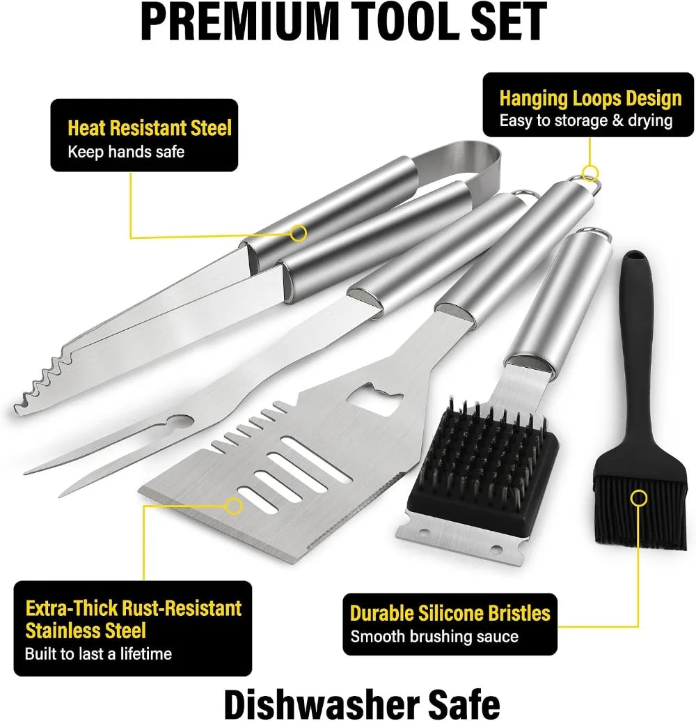 5-Piece BBQ Grill Tools Set, Stainless Steel Grilling Accessories with Long Handles, Outdoor Cooking Kit for Men Dad