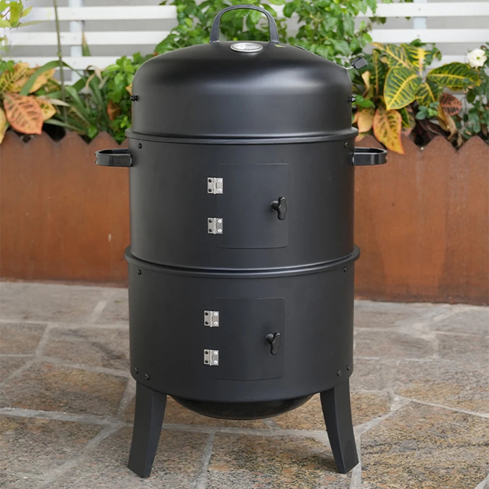 Vertical Charcoal Smoker with Built-in Thermometer Round BBQ Grill 2 Access Doors for Parties Camping Outdoor Cooking