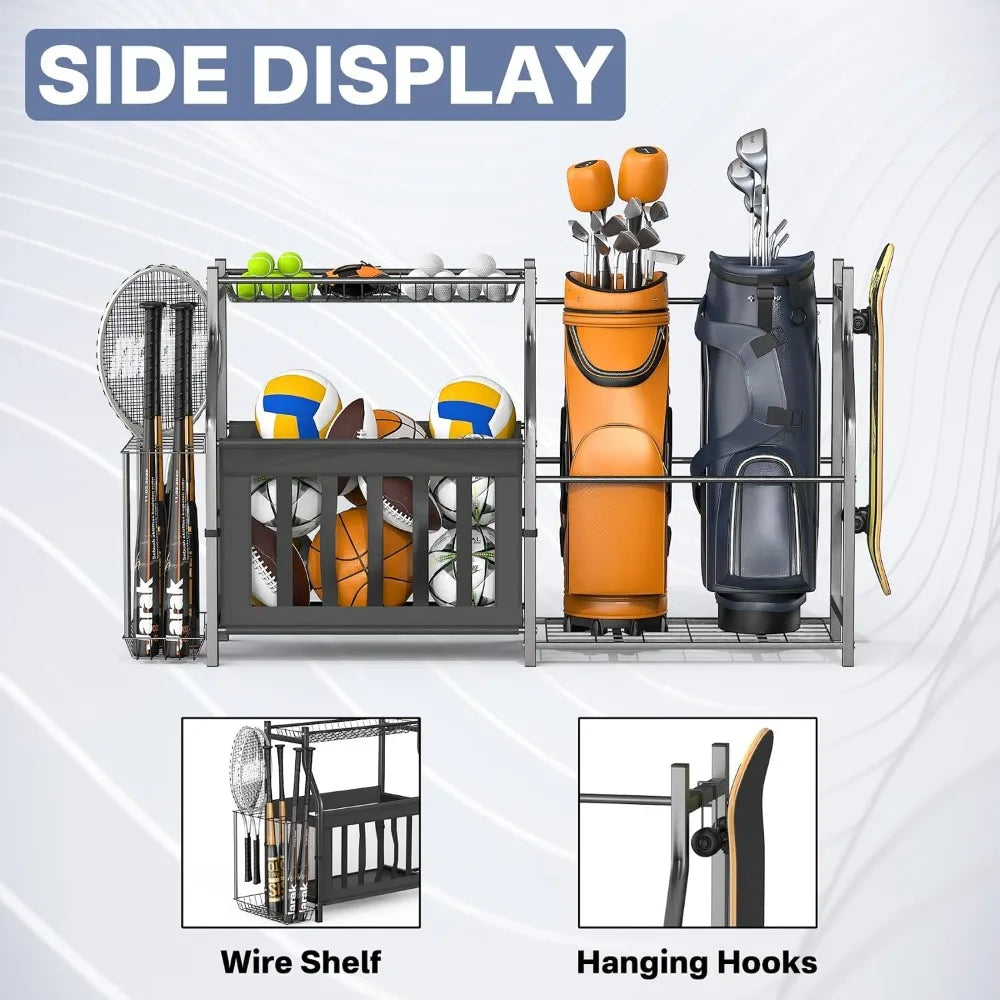 Garage Sports Equipment Organizer, Ball Storage Stand, Indoor Golf Bags Stand for Garage