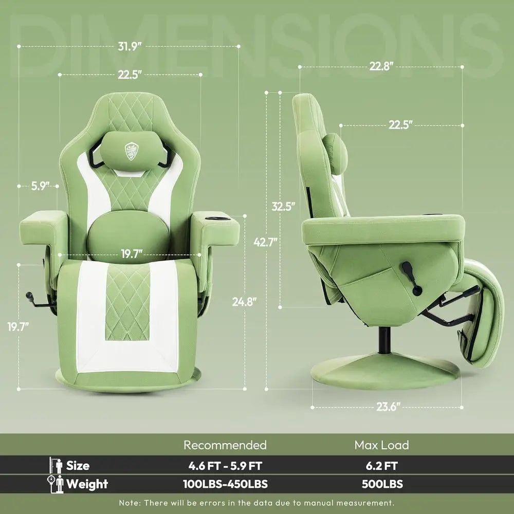 Ergonomic High-Back Gaming Recliner Chair with Massage, Lumbar Support, Ottoman, Cup Holder, Side Pocket, Fabric Green