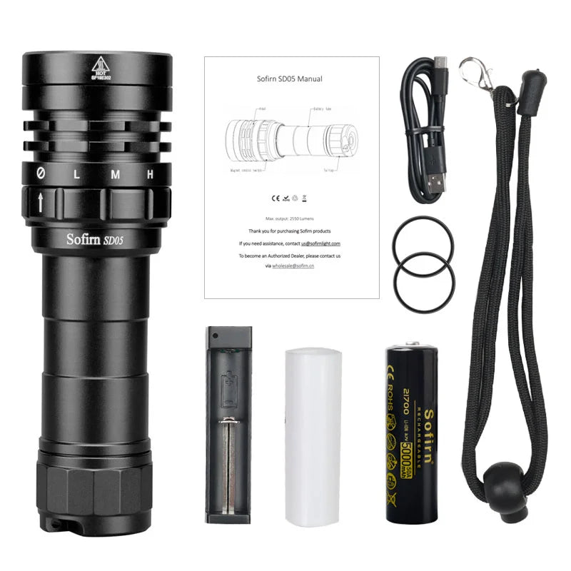 SD05 Scuba Diving Flashlight XHP50.2 Super Bright 3000lm 21700 Battery Dive Torch with Magnetic Switch 5000K 6500K