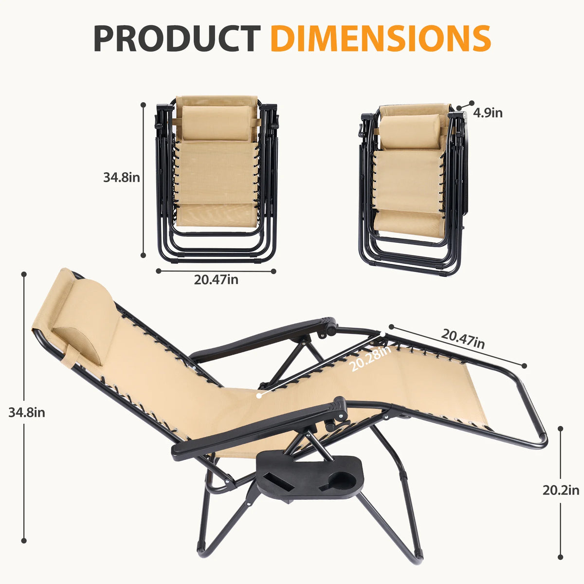 Portable Zero Gravity Recliner Chairs Set of 2 Outdoor Garden Folding Lounge Chair with Cup Holder Trays Adjustable Pillow
