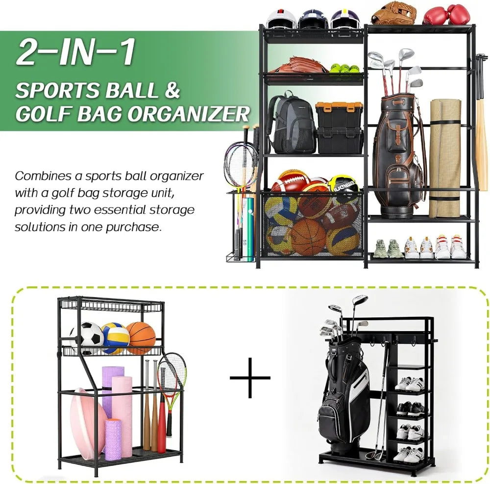 Large Sports Organizer for Garage, Ball Storage Rack with Side Racks, Baskets, Hooks, Multi-Purpose Golf Gear Storage for Gym Indoor Outdoor