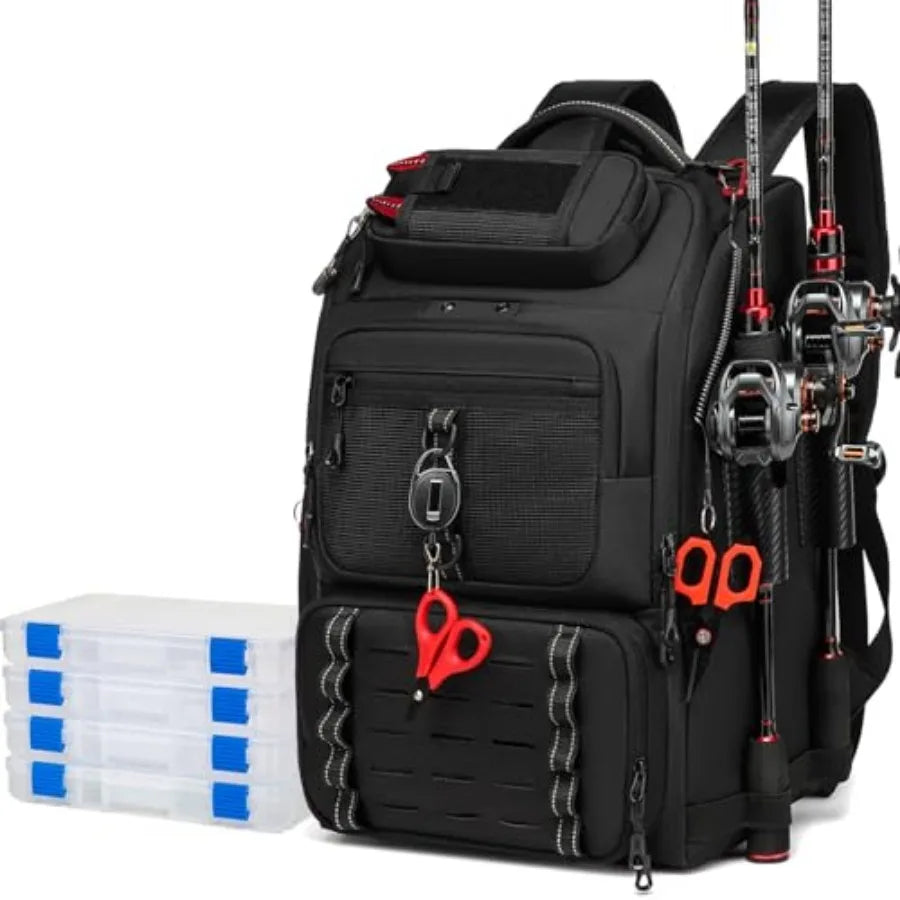 Fishing Tackle Backpack, Tackle Bags with 2 Rod Holders, Water-Resistant Tackle Bag Storage Bag for Fishing Gear Black