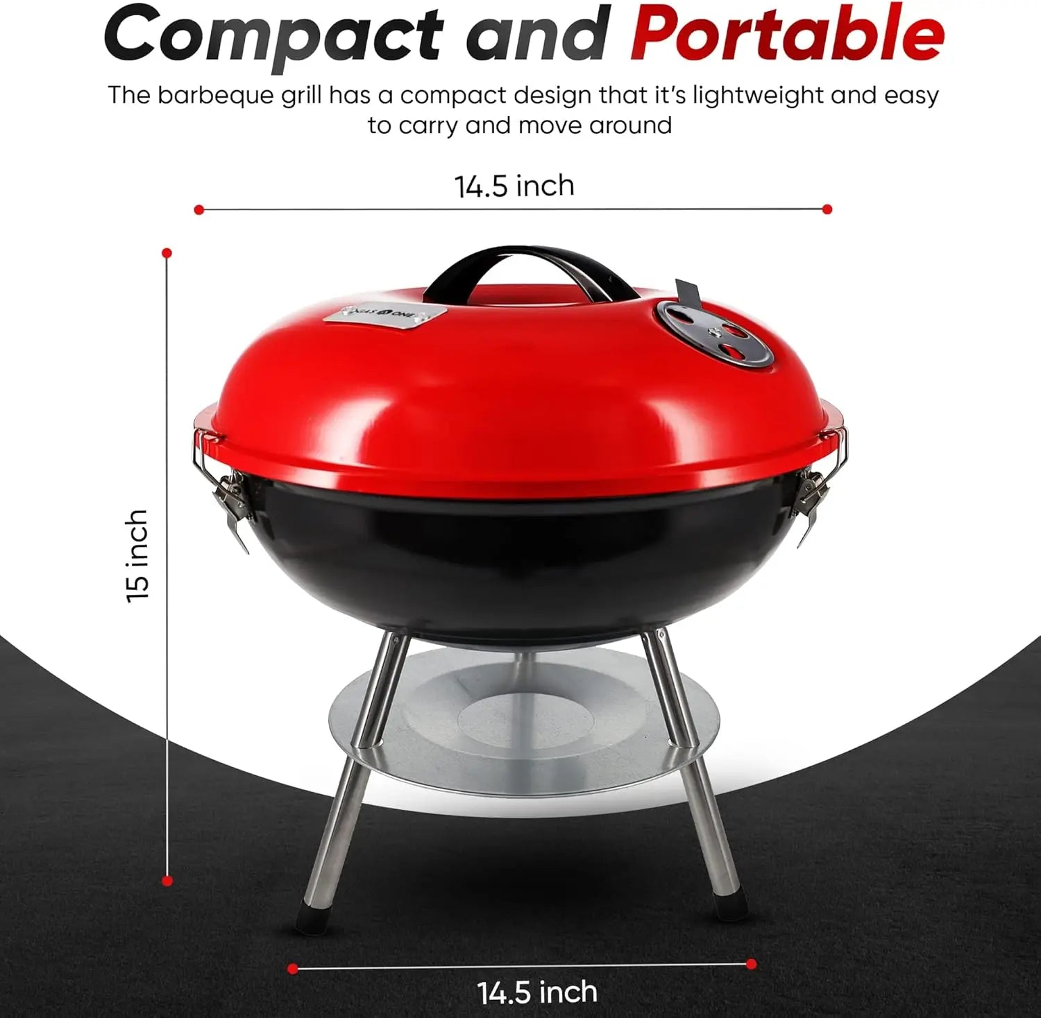 14-inch Portable Charcoal Grill, 3-Point Locking Lid for Heat Retention, Dual Venting for Outdoor Barbecue