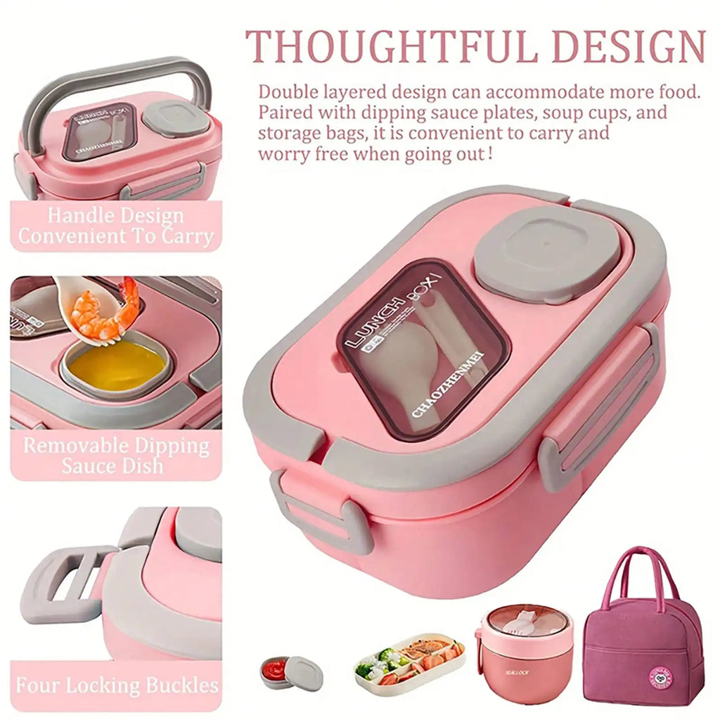 2-Layer Multi-Compartment Lunch Box Set: Lunch Box + Cup + Bag. Includes Cutlery And Sauce Container. Microwave-Security, Suitab