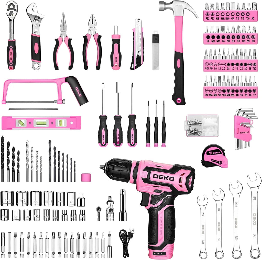 Home Toolbox with 12V Power Cordless Drill, Repair Tools, Case, Pink