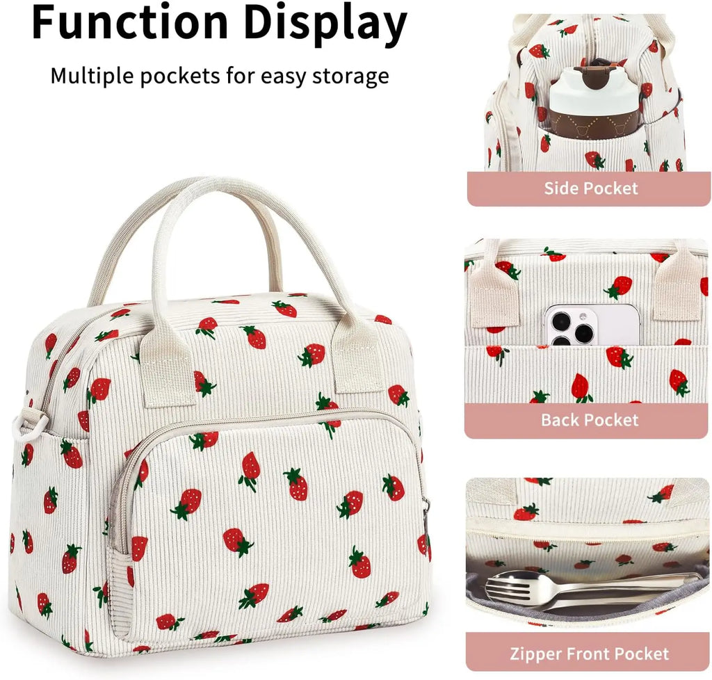 Cute Strawberry Print Insulated Lunch Bag, Corduroy Thermal Cooler Tote with Adjustable Shoulder Strap, Leakproof Portable Lunch Box Carrier for Work School Picnic