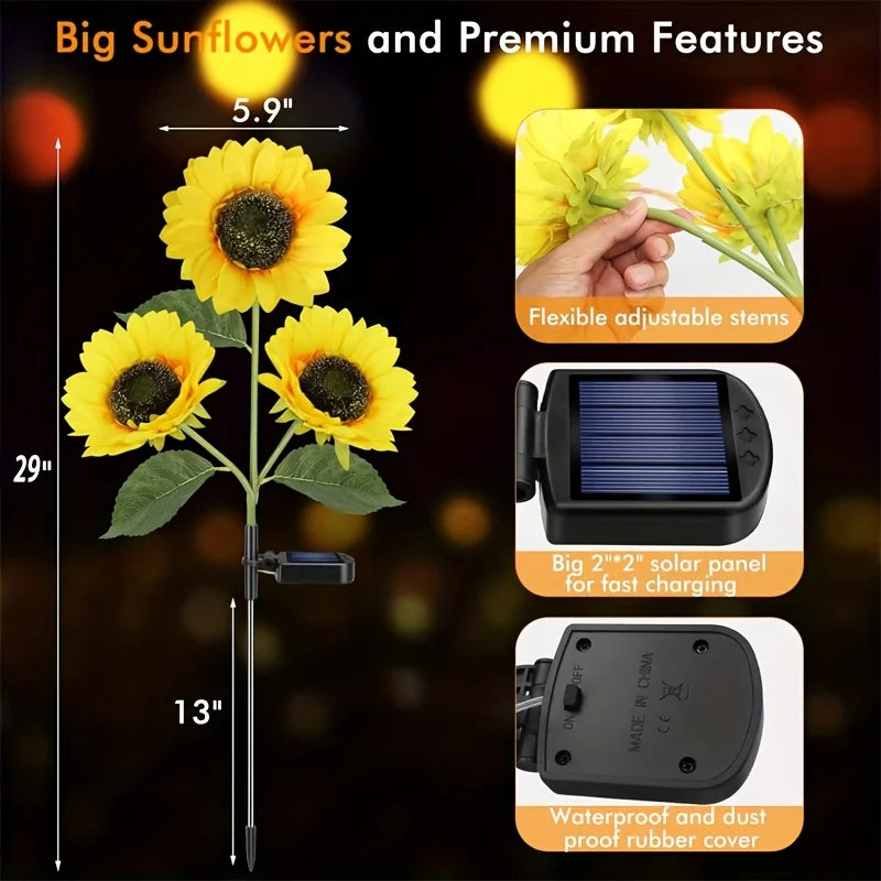 2PCS Solar-Powered Sunflower LED Outdoor Garden Decor Set, Set with 6 Artificial Sunflowers, Durable ABS Material, Ideal for Halloween, Christmas, Thanksgiving, Courtyards, Landscapes, Patios And Pathways, Lawn Landscape Orna