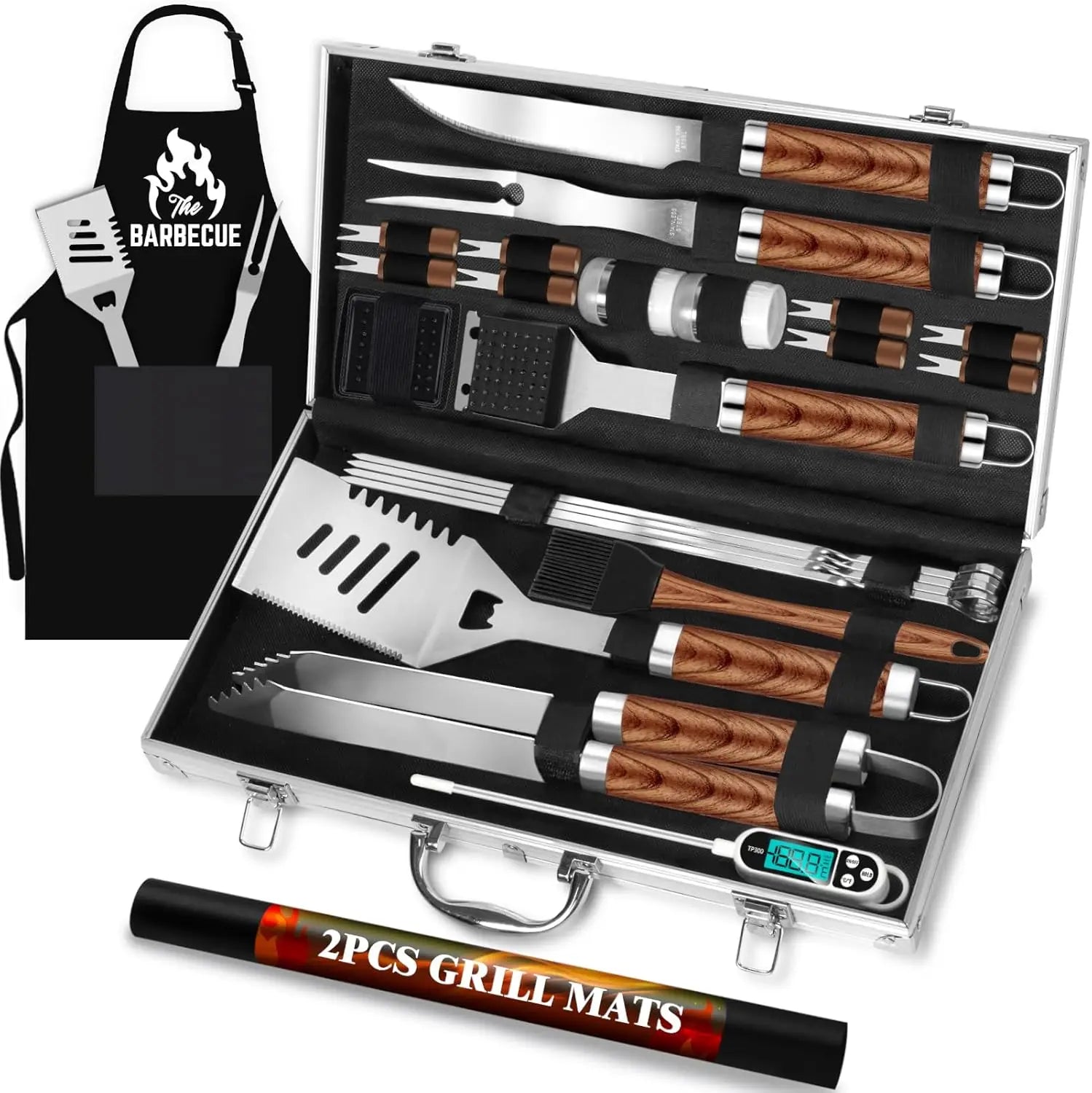 26pcs, BBQ Grill Accessories Set, Father's Day Gifts with Apron, Thermometer, Mats in Aluminum Case