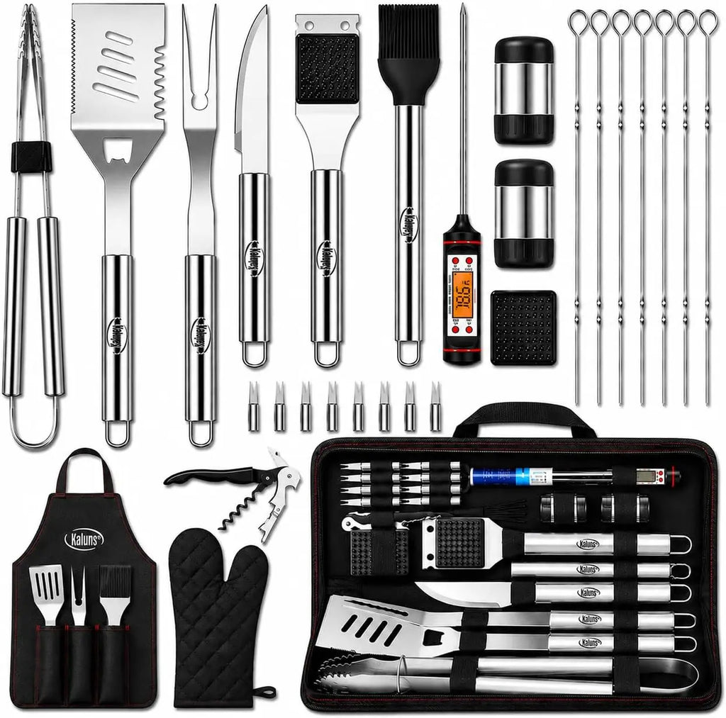 30-Piece BBQ Grill Set, Heavy Duty Stainless Steel with Meat Thermometer, Case & Apron, Gift