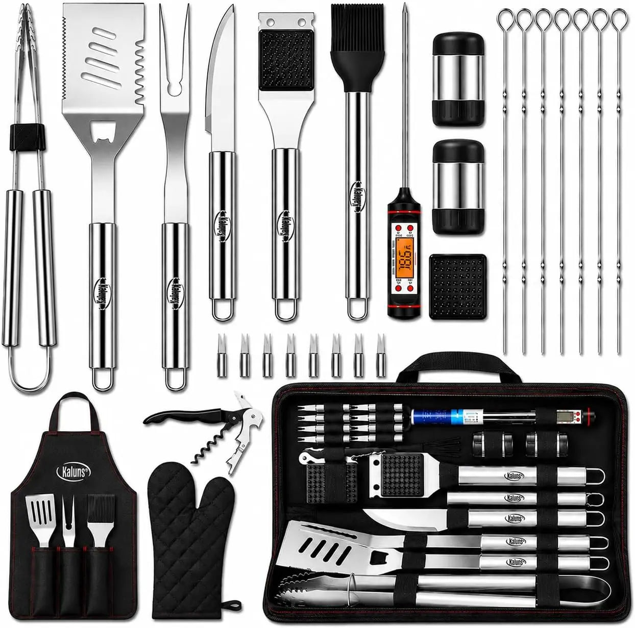 30-Piece BBQ Grill Set, Heavy Duty Stainless Steel with Meat Thermometer, Case & Apron, Gift