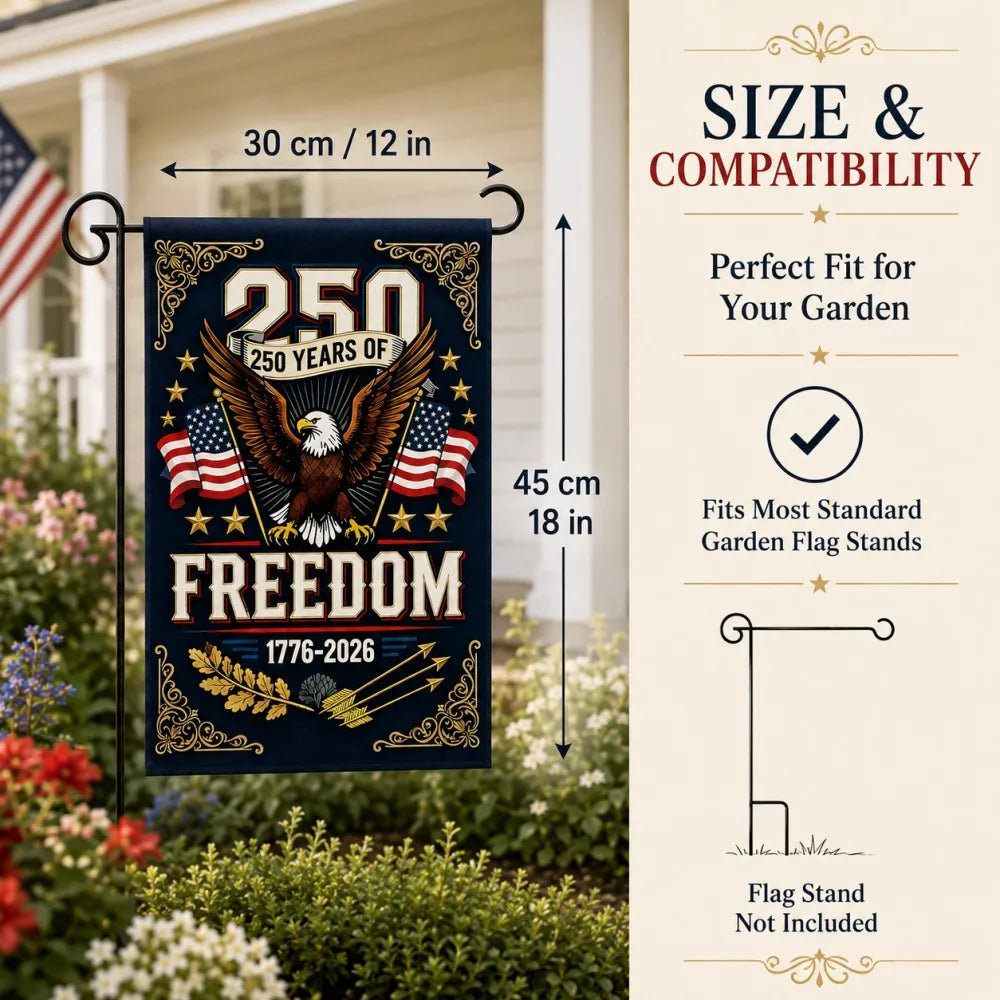 Patriotic Garden Flag 30x45cm 12x18in Polyester 250 Years of Freedom 1776-2026 Eagle American Flag Yard Banner Independence Day Memorial Day Veterans Day Porch Garden Lawn Pathway Farmhouse Home Entrance Outdoor Decor Holiday