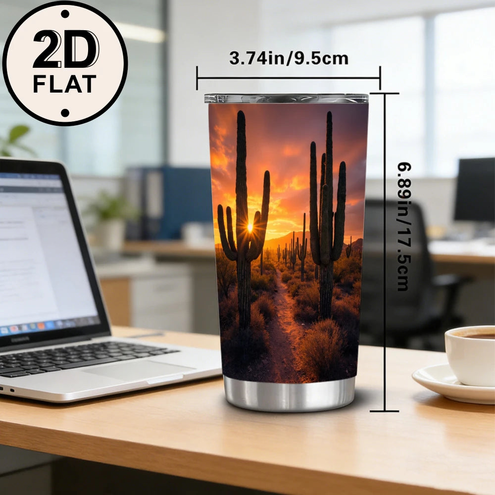 20oz Desert Saguaro Cactus Printed Stainless Steel Tumbler with Lid and Straw, Arizona Sunset Sunburst Wild West Landscape Vacuum Insulated Travel Coffee Mug Gifts for Nature Lovers