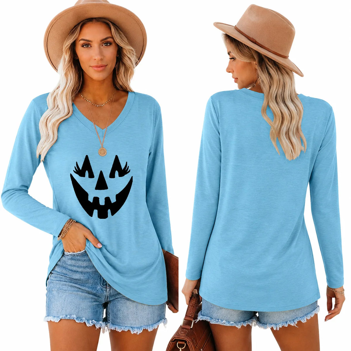 Halloween Pumpkin Graphic Long Sleeve Shirts for Women V Neck Cute Eyelash Pumpkin Face Tee Casual Loose Fall Holiday Outfit Tops