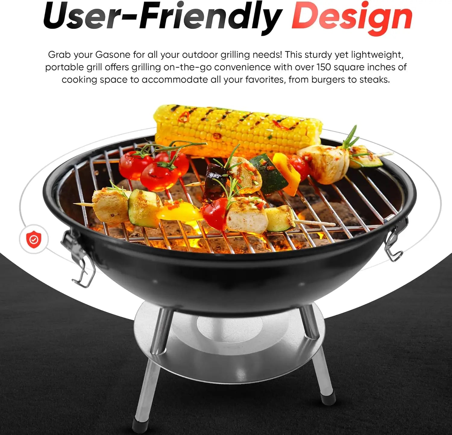 14-inch Portable Charcoal Grill, 3-Point Locking Lid for Heat Retention, Dual Venting for Outdoor Barbecue