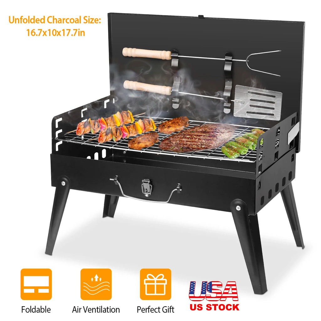 Portable Charcoal BBQ Grill, Folding Desktop Barbecue, Camping, Picnic, 3-Level Adjustable - Fast Shipping