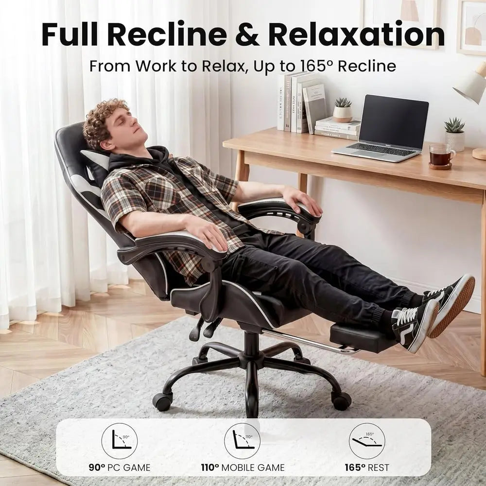 Ergonomic Gaming Chair with Footrest, Lumbar Support, Adjustable Height, 360° Swivel for Comfortable Office Use - Black & White