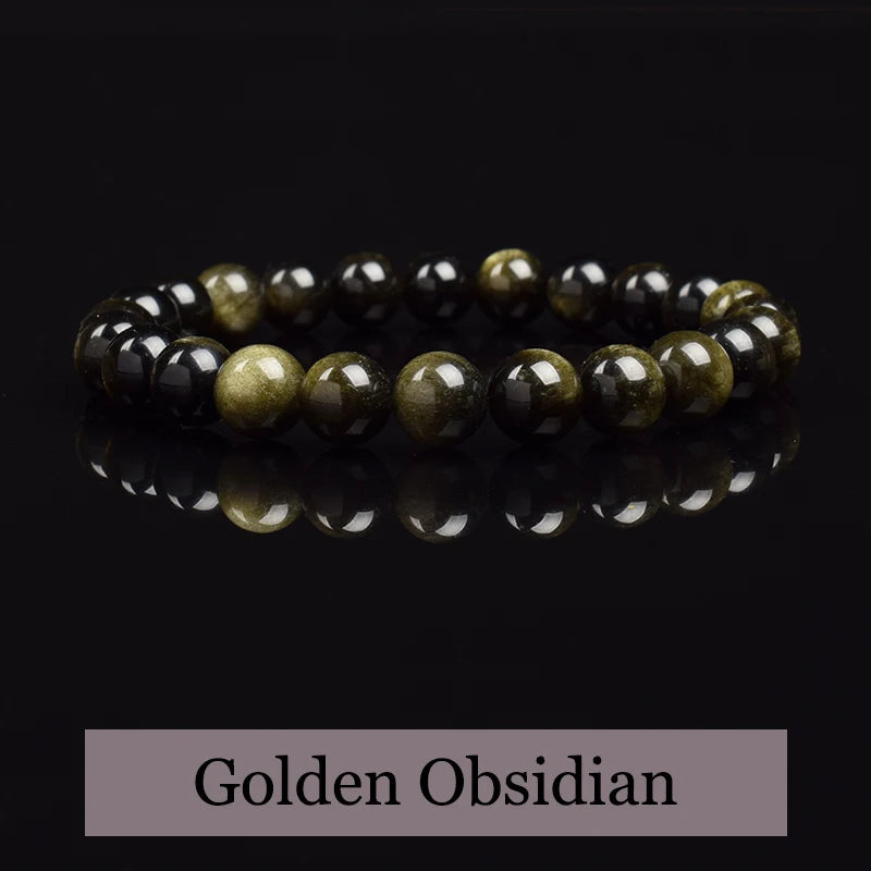 Golden Obsidian Stone Beads Bracelet Men Women Golden Light Rainbow Obsidian Raw Stone Round Bead Natural Energy Jewelry