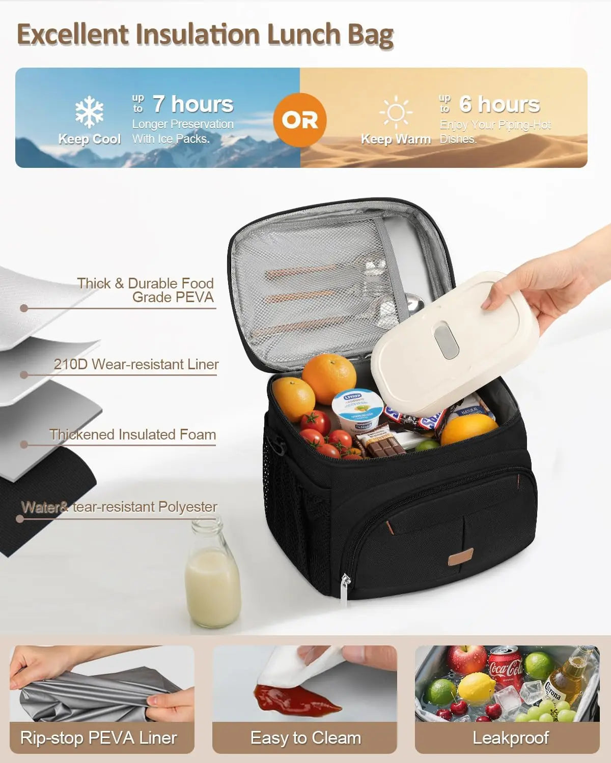Insulated Lunch Bag, Leakproof Cooler Tote with Removable Strap, 12L for Work School Picnic Travel