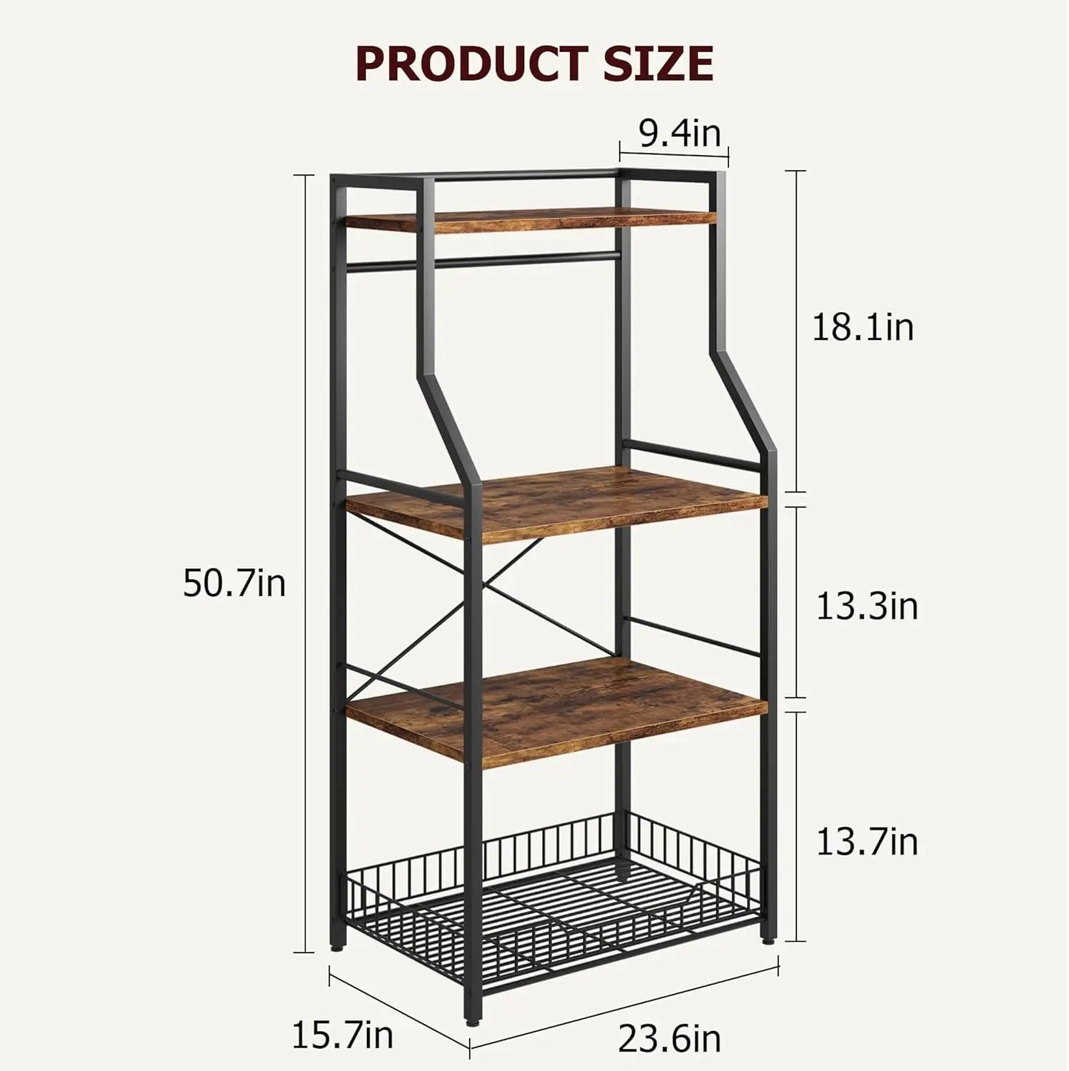 4-Tier Kitchen Bakers Rack & Microwave Oven Stand with Large Wire Basket, Industrial Coffee Bar Station with Hooks, Kitchen
