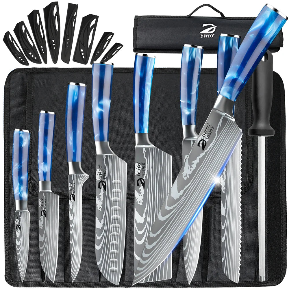 8PCS Damascus Stainless Steel Kitchen Knife Set Super Sharp Japanese Style Chef Santoku Cleaver Slicing Boning Utility Paring Knives Complete Cooking Cutlery Kit with Portable Protective Nylon Carry Bag for Home Kitchen Chef