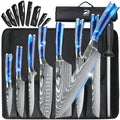 8PCS Damascus Stainless Steel Kitchen Knife Set Super Sharp Japanese Style Chef Santoku Cleaver Slicing Boning Utility Paring Knives Complete Cooking Cutlery Kit with Portable Protective Nylon Carry Bag for Home Kitchen Chef