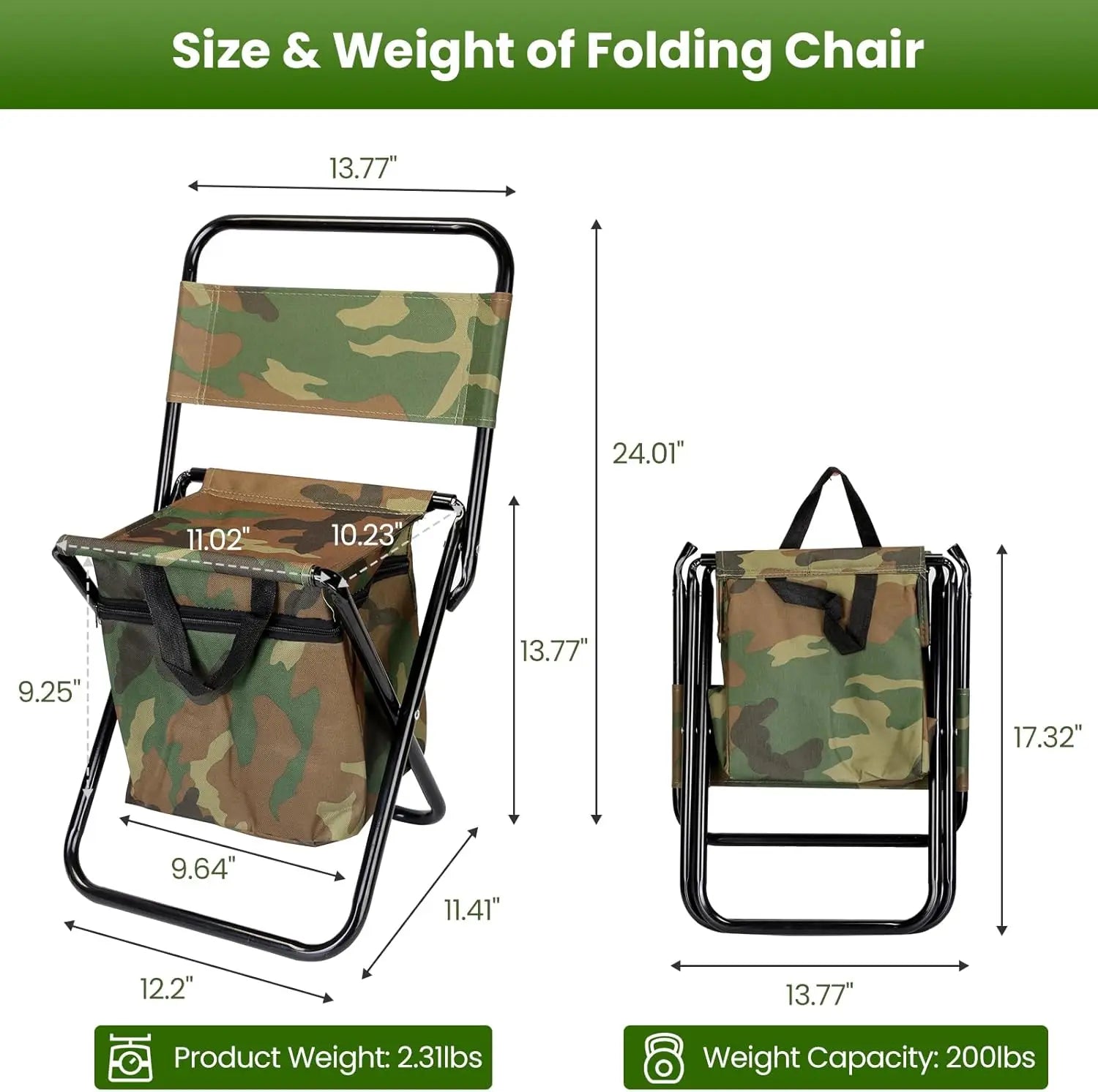 Portable Foldable Fishing Chair with Cooler Bag, Lightweight Folding Camping Chair, Outdoor Backrest Stool for Camping Hunting Fishing Hiking（Camouflage）