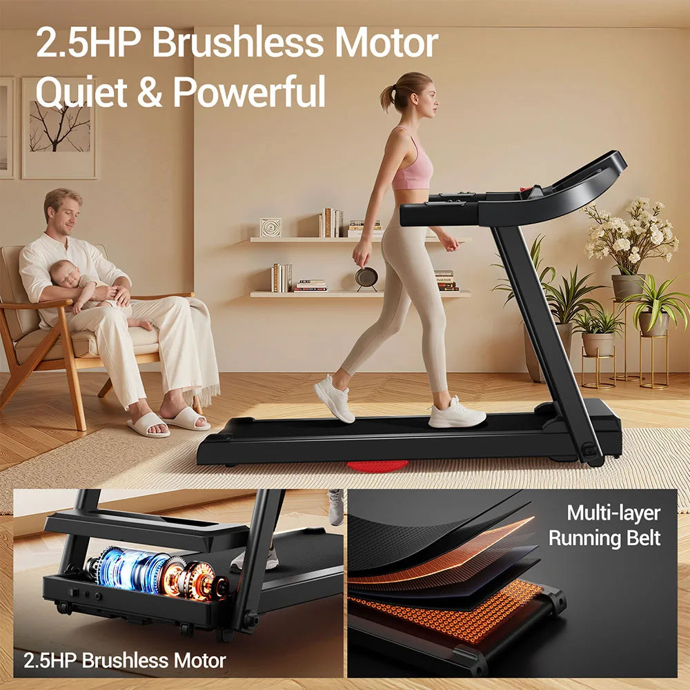 ROBORE P9 Treadmill with Handle, 2.5HP Brushless Motor, 1-12 km/h Speed, 120kg Max Load, 102×38cm Running Belt, LED Display, Heart Rate Monitor, Shock Absorbing Belt, Foldable Compact Home