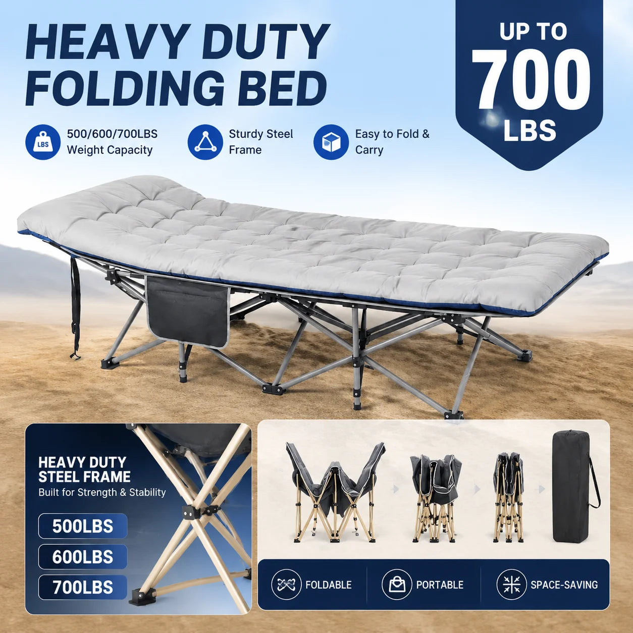 Foldable Cot Bed with Thick Mattress - Portable Camping Nap Bed, Sturdy Steel Frame, Easy Fold & Lightweight for Indoor/Outdoor Use
