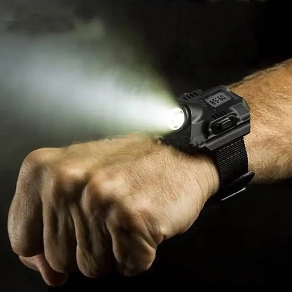 LED Tactical Display Rechargeable Wrist Watch Flashlight Torch