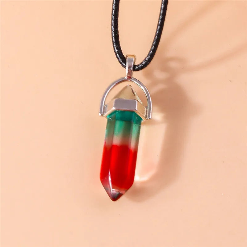 Stone Quartz Gem, Pink Crystal Stone Hexagonal Column Pendant, Necklaces, Leather Chain Bullet Necklace
