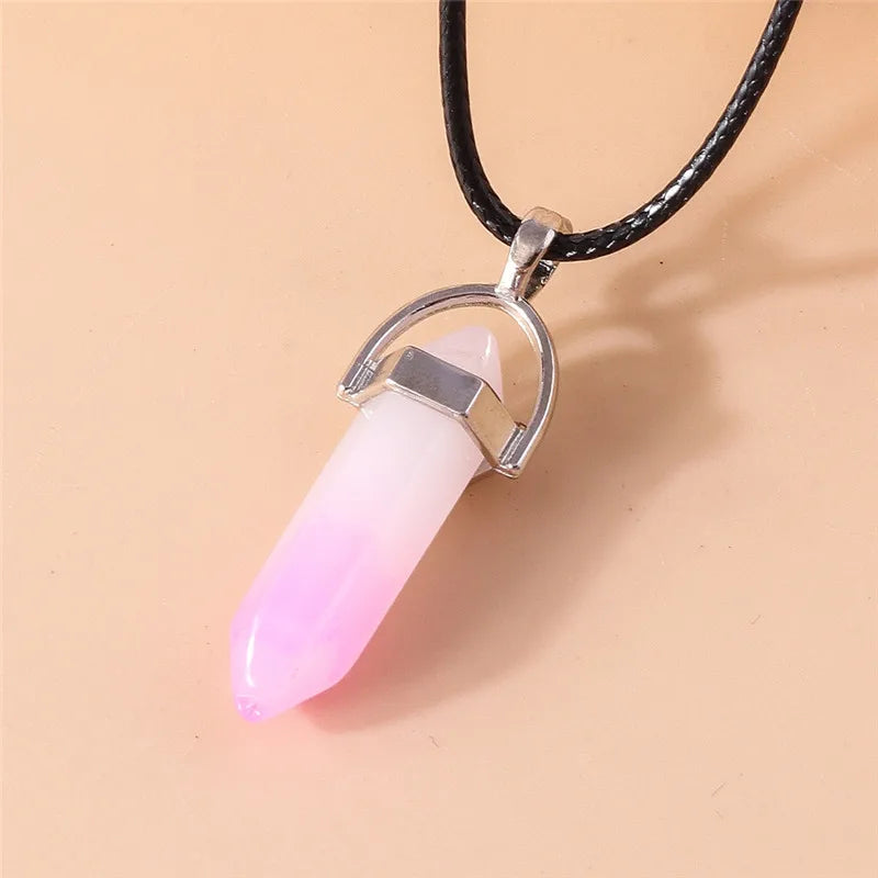 Stone Quartz Gem, Pink Crystal Stone Hexagonal Column Pendant, Necklaces, Leather Chain Bullet Necklace