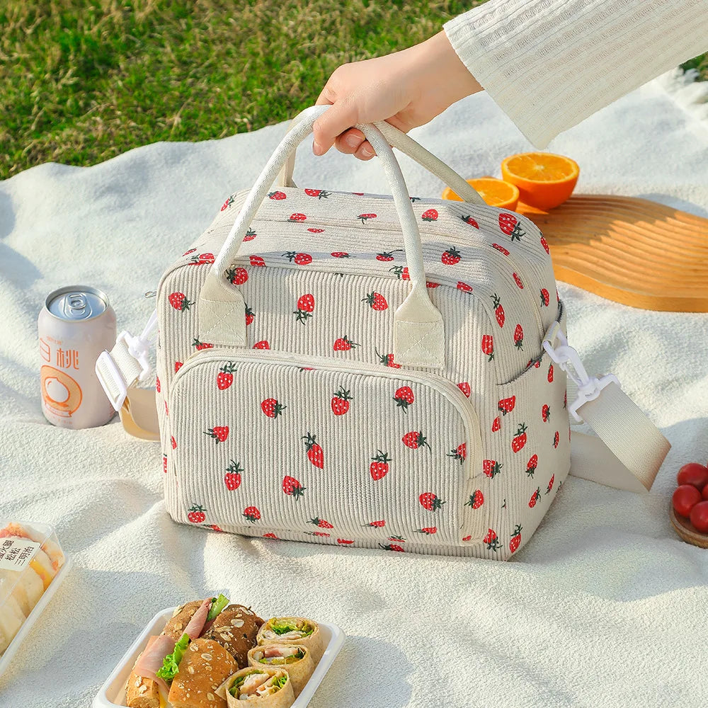 Cute Strawberry Print Insulated Lunch Bag, Corduroy Thermal Cooler Tote with Adjustable Shoulder Strap, Leakproof Portable Lunch Box Carrier for Work School Picnic