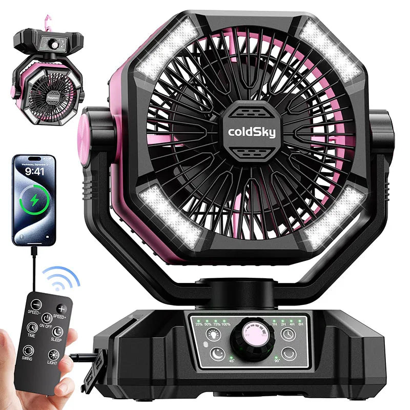 20000mAh Battery Camping Fan with 4 LED Lantern 8 Speeds Desk Fan Portable Outdoor Fan for Outdoor Camping Tent and Fishing