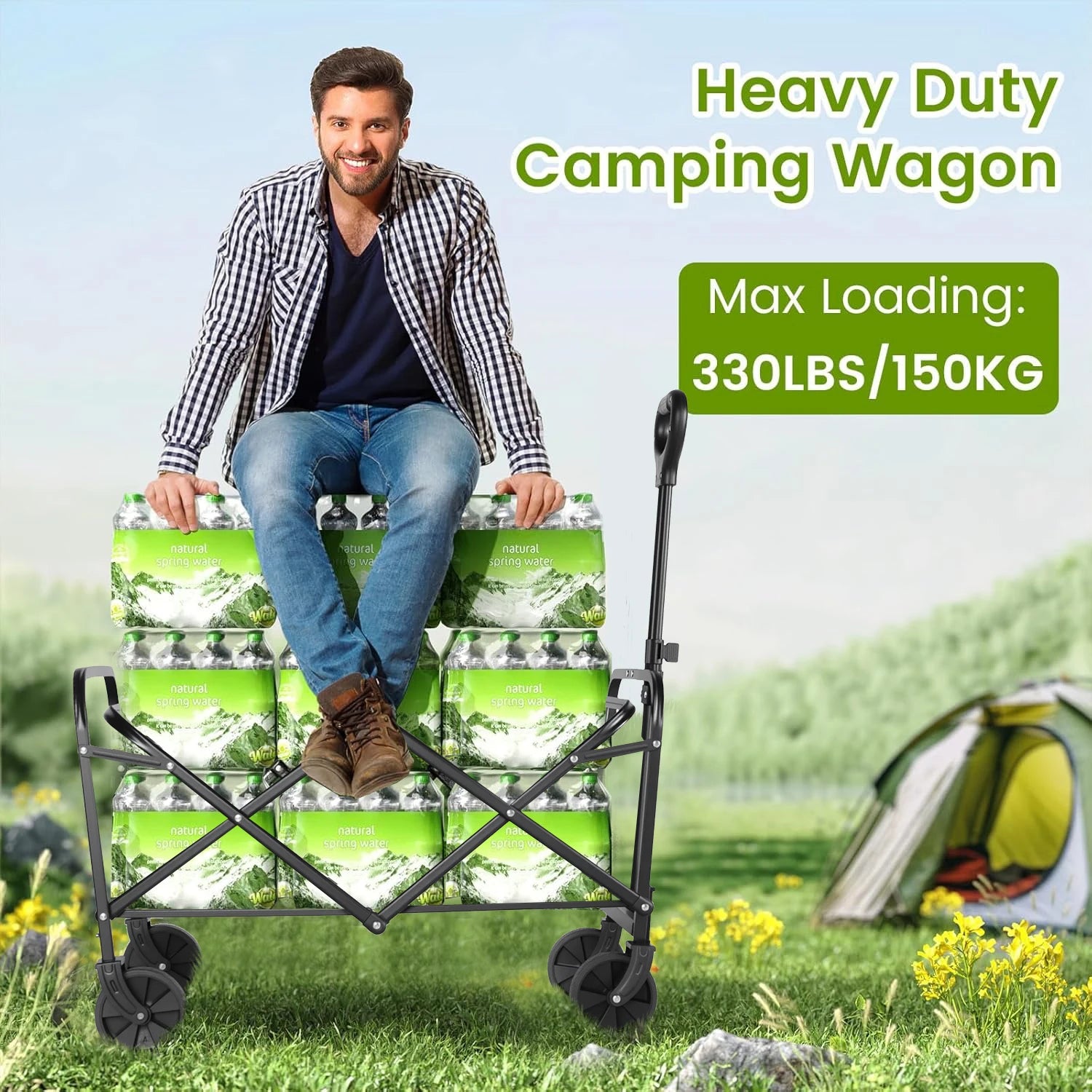 Heavy Duty Wagon Carts, Foldable, Portable Wagons, Beach Cart with All-Terrain Wheels and  Drink Holders, Utility Wagon
