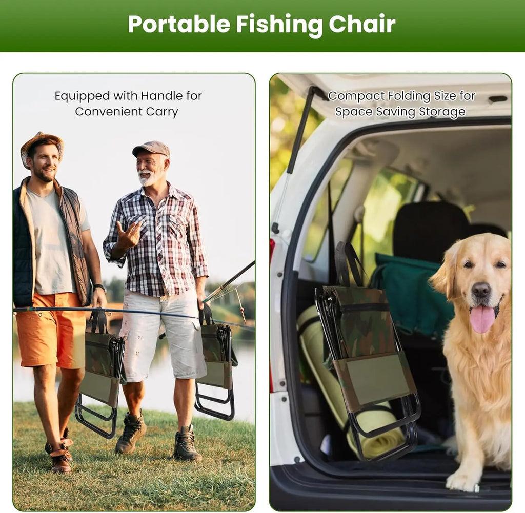 Portable Foldable Fishing Chair with Cooler Bag, Lightweight Folding Camping Chair, Outdoor Backrest Stool for Camping Hunting Fishing Hiking（Camouflage）