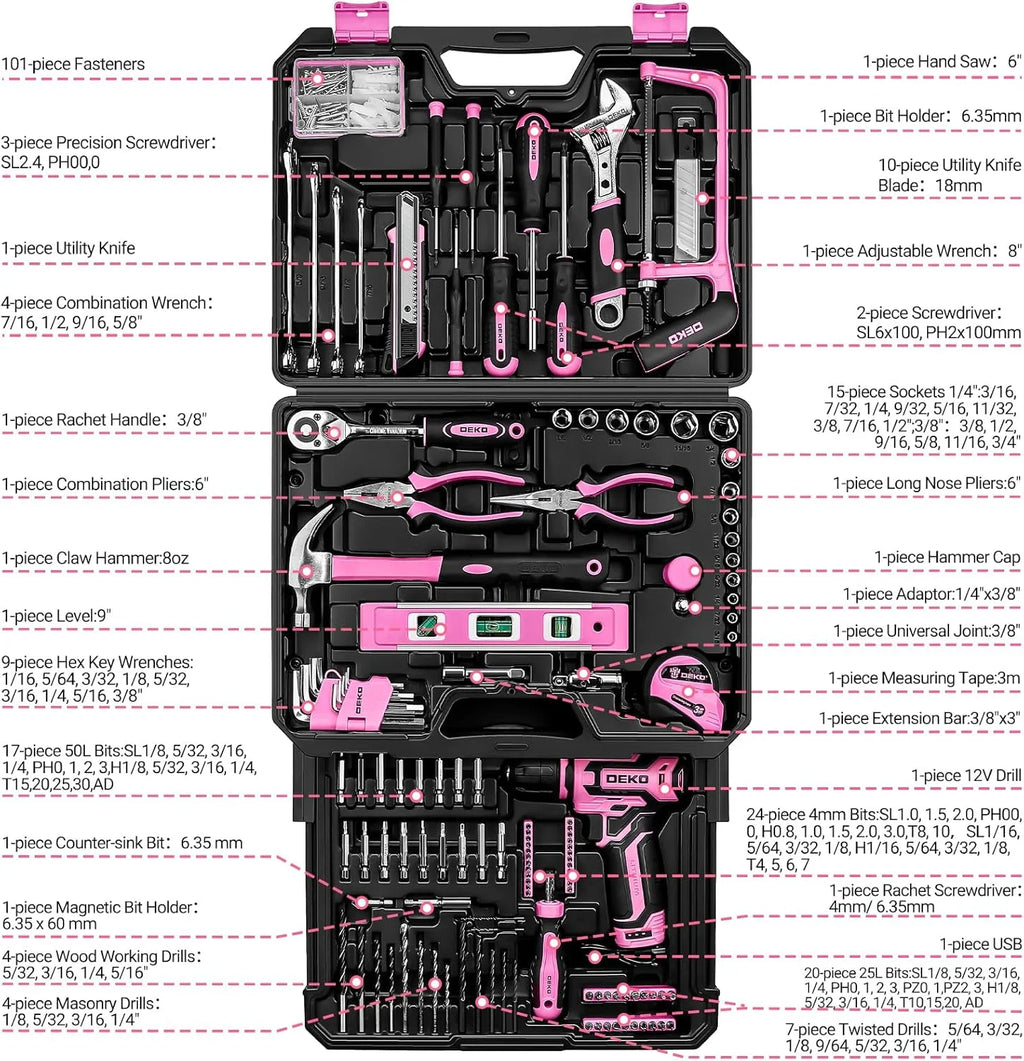 Home Toolbox with 12V Power Cordless Drill, Repair Tools, Case, Pink