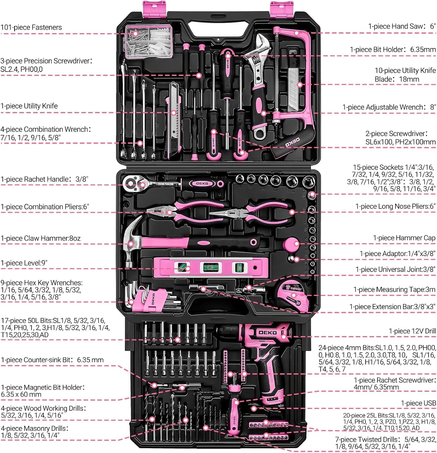 Home Toolbox with 12V Power Cordless Drill, Repair Tools, Case, Pink